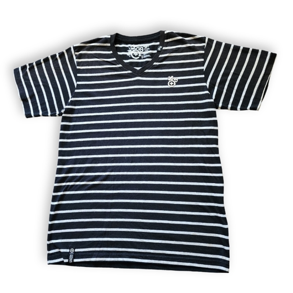 Y2K Black/Oatmeal Striped V-Neck Tee, Men's M - Picture 1 of 7